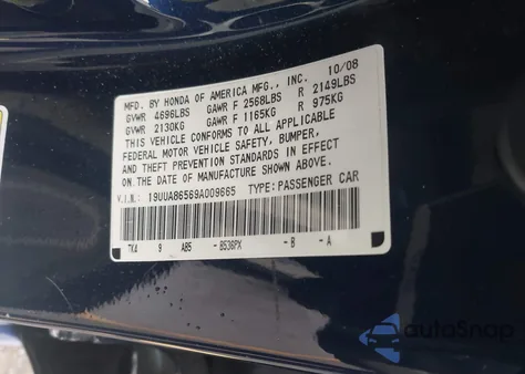 2009 Acura Tl 3.5 из США, поврежденный, VIN 19UUA86569A009665